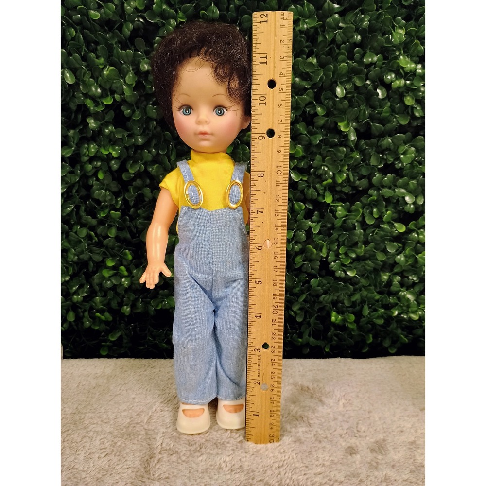 Vintage Plastic Doll Blue Overalls Yellow Shirt Blue Eyes Curly Hair Hong Kong - Picture 2 of 10